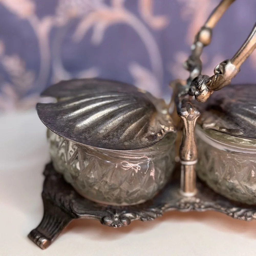 Antique 1900s Shell Shaped Silver Toned Double Salt Cellar with Cut Glass READ